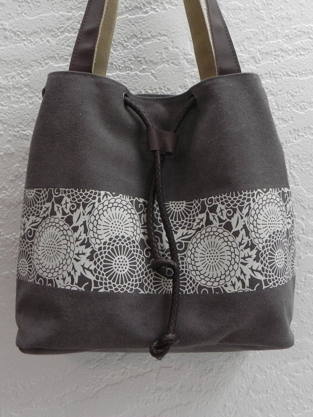 Brown Canvas Tote Bag Boho Floral Cinch Bucket Design